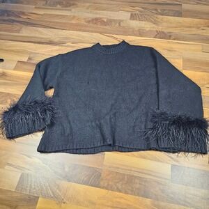 WAYF Sweater XL Black Feather Trim Cuffs Statement Knit Soft Glam Top
